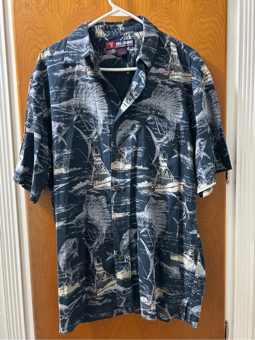 Reel Legends Navy and White Marlin Print Button-Down Shirt
